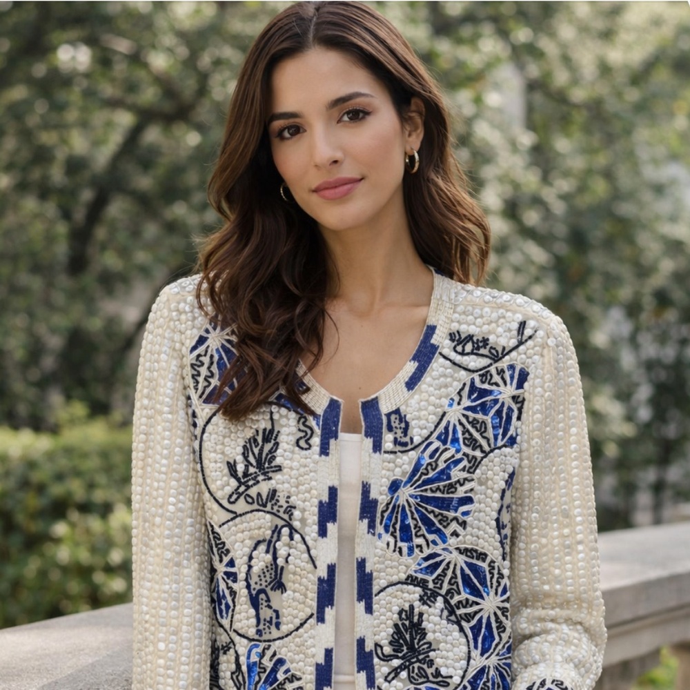 La Bellum Hillary Scott Embellished White and Blue Women's blazer